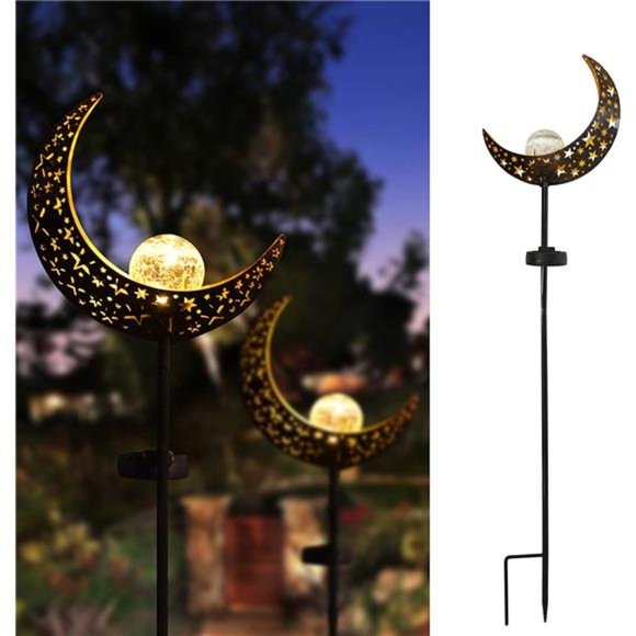 2 Pack Solar Garden Lights,Outdoor Crescent Moon Crackle Glass Globe Stake Light - Picture 3 of 6